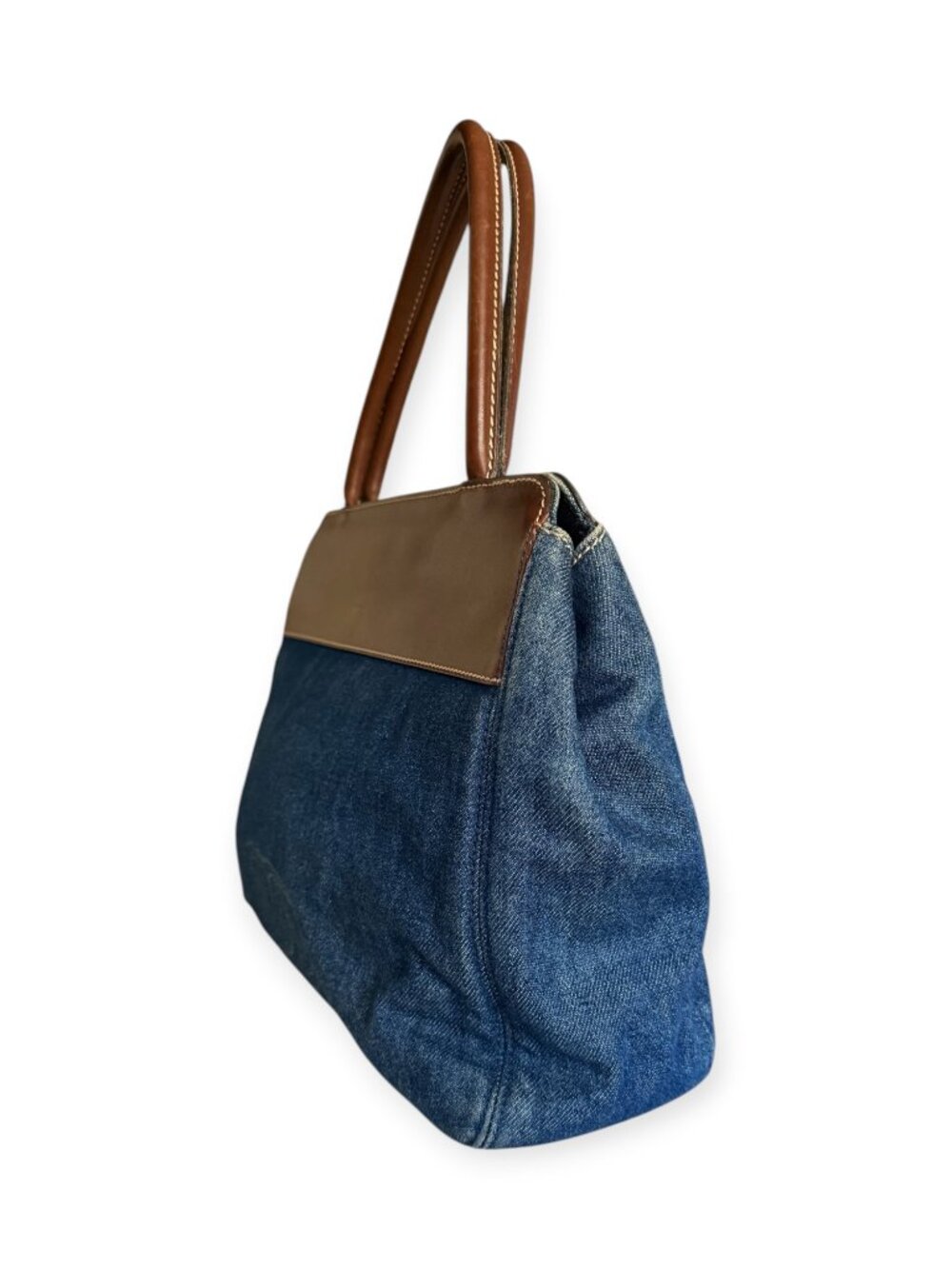 Vintage Chanel Blue Denim CC Logo Tote Bag | Brown Leather Trim - Picture 3 of 8